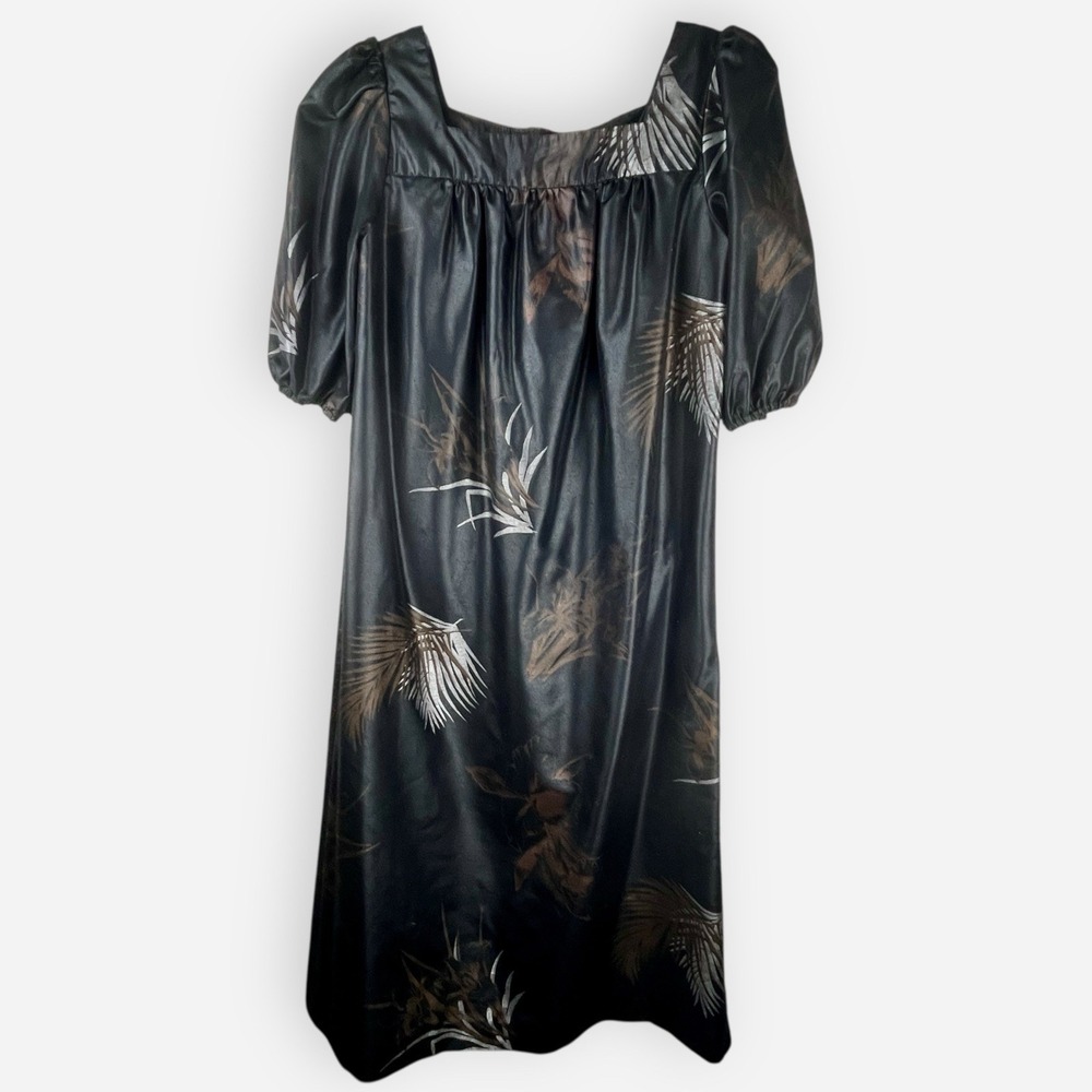 Vintage 70s Mindy Malone Black Floral Palm Leaf Midi Dress Sz 9 10 Puffy Sleeves